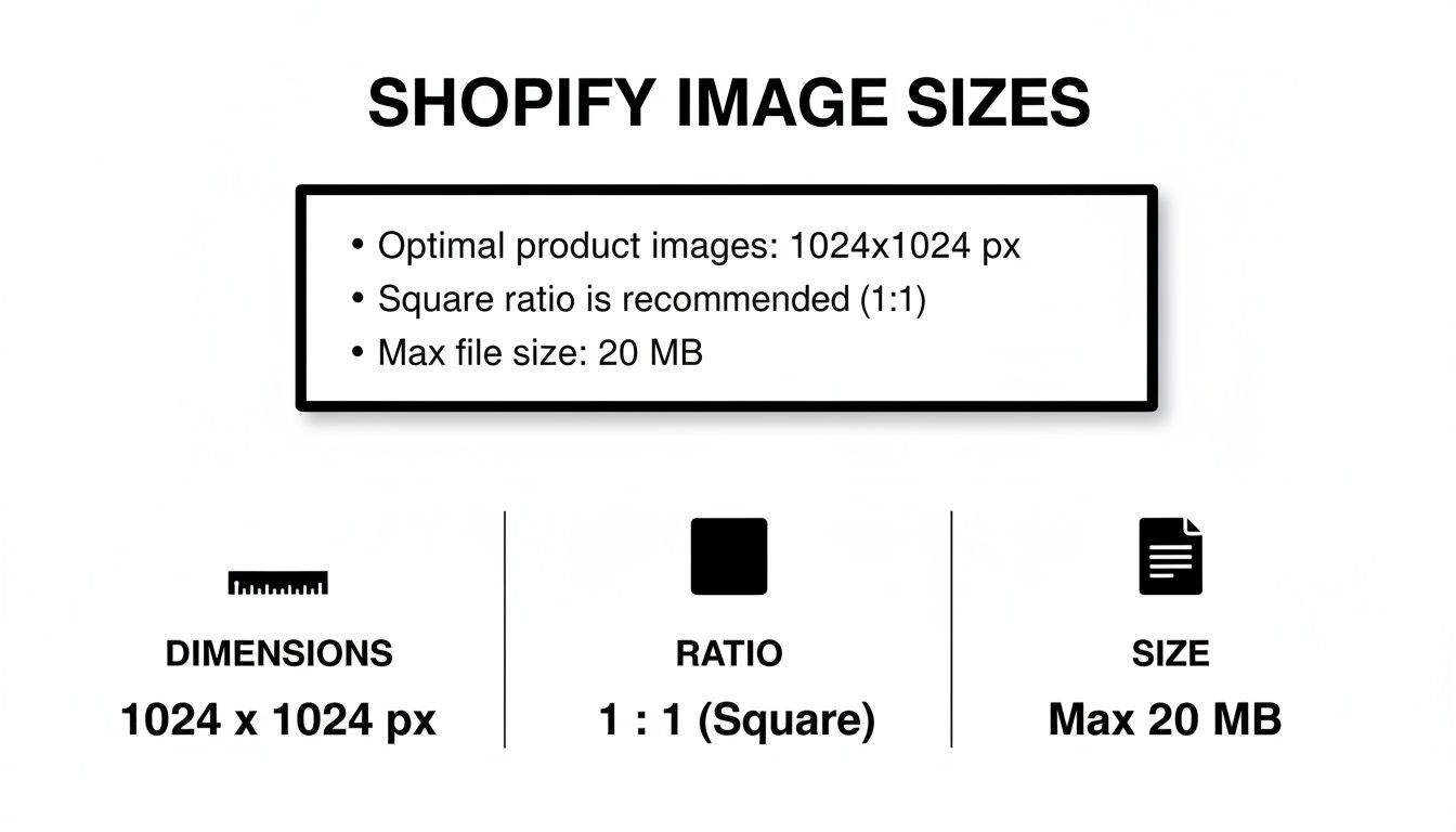 Shopify image size guide outlining optimal dimensions of 1024x1024 pixels, a 1:1 square ratio, and max 20 MB file size.