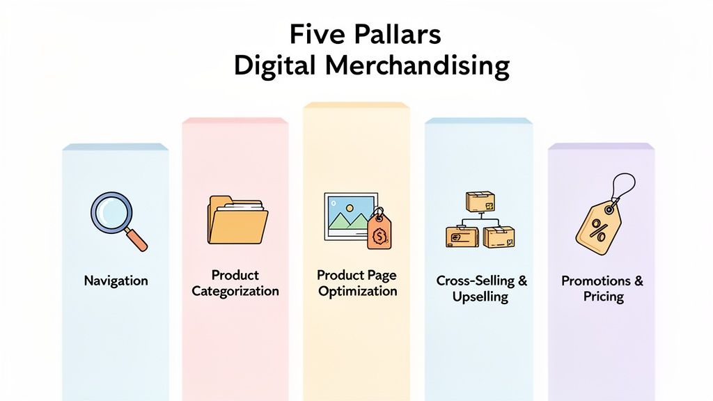 Diagram illustrating the five pillars of digital merchandising: navigation, categorization, page optimization, cross-selling, and promotions.