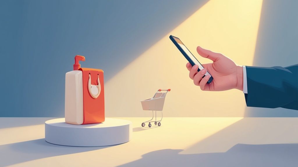 A hand holding a smartphone for online shopping, with a product and miniature cart.