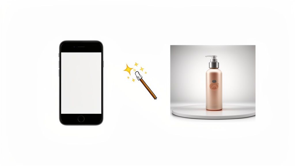 A black smartphone, a magic wand emoji, and a rose gold pump bottle on a white background.