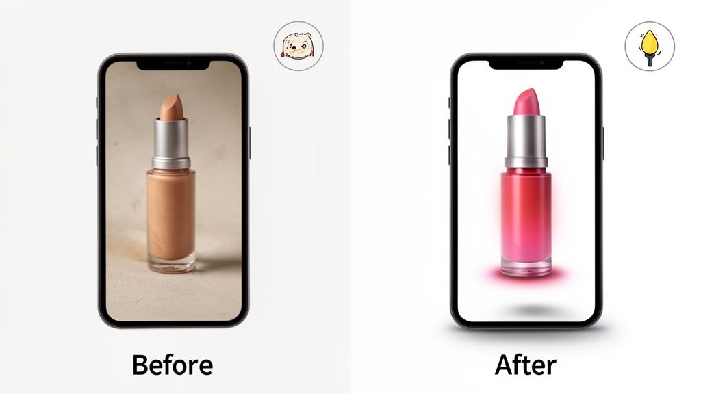 Two phones displaying a makeup product: a nude lipstick before, and a vibrant pink lipstick after.