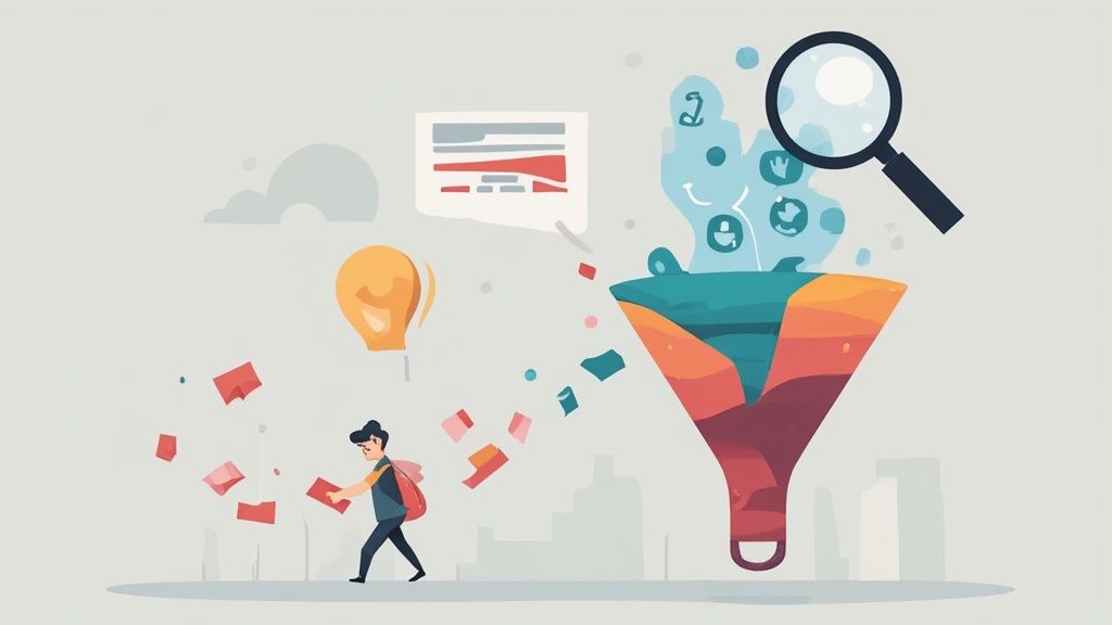 A man gathers data that is filtered through a large funnel for analysis, with a magnifying glass.