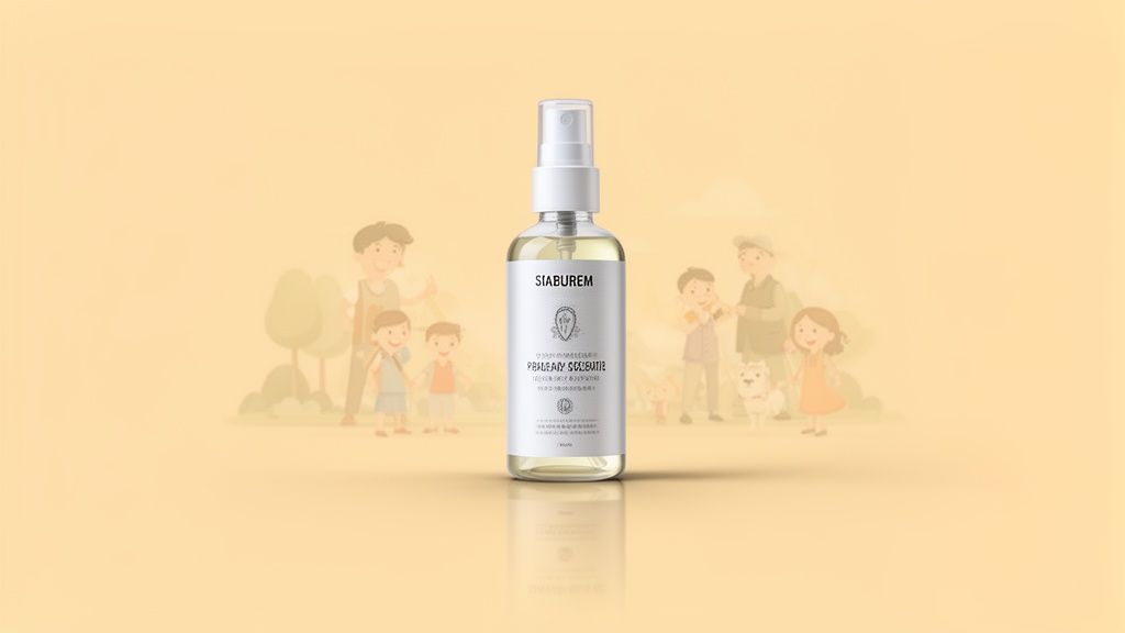A clear spray bottle with a white label against a soft yellow background with blurred family illustrations.