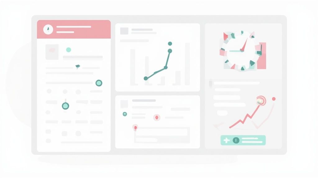 A modern digital dashboard displaying various data visualizations, including graphs, charts, and a clock.