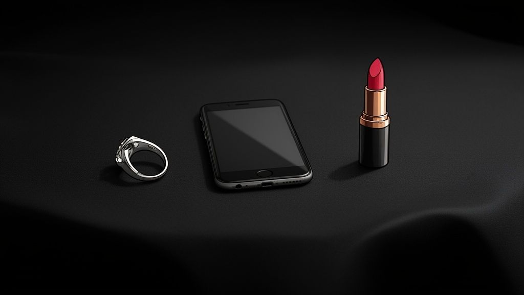 A silver ring, black smartphone, and red lipstick arranged on a dark surface.