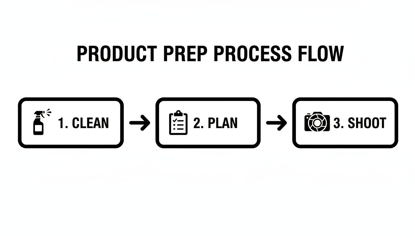 A visual process flow diagram outlining three steps for product preparation: clean, plan, and shoot.