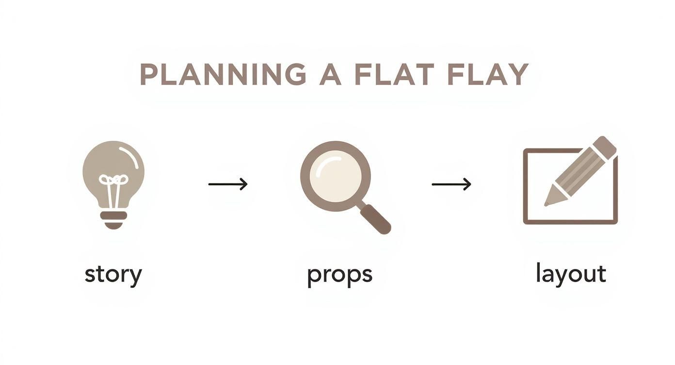 Planning a flat lay workflow diagram showing three steps: story idea, props selection, and layout design