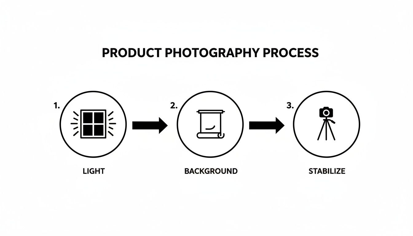 A product photography process infographic showing steps: 1. Light, 2. Background, and 3. Stabilize.