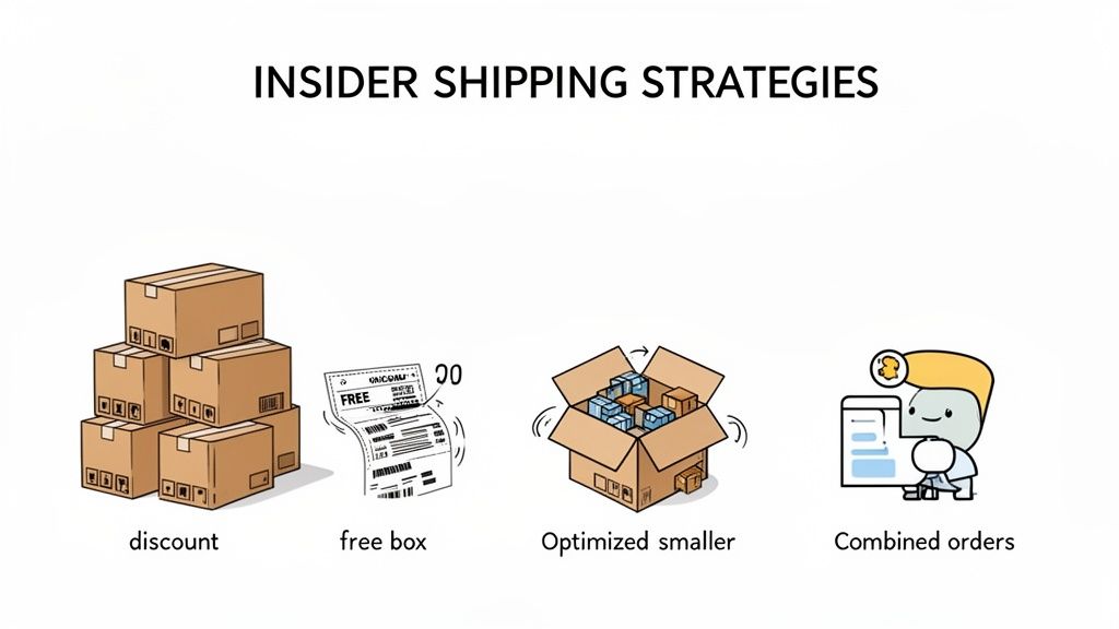 An image illustrating four insider shipping strategies: discount, free box, optimized smaller packaging, and combined orders.