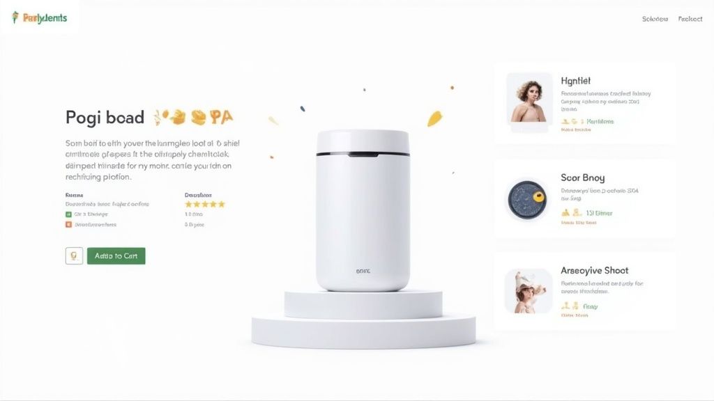White thermal mug displayed on an e-commerce product page with product details and ratings.
