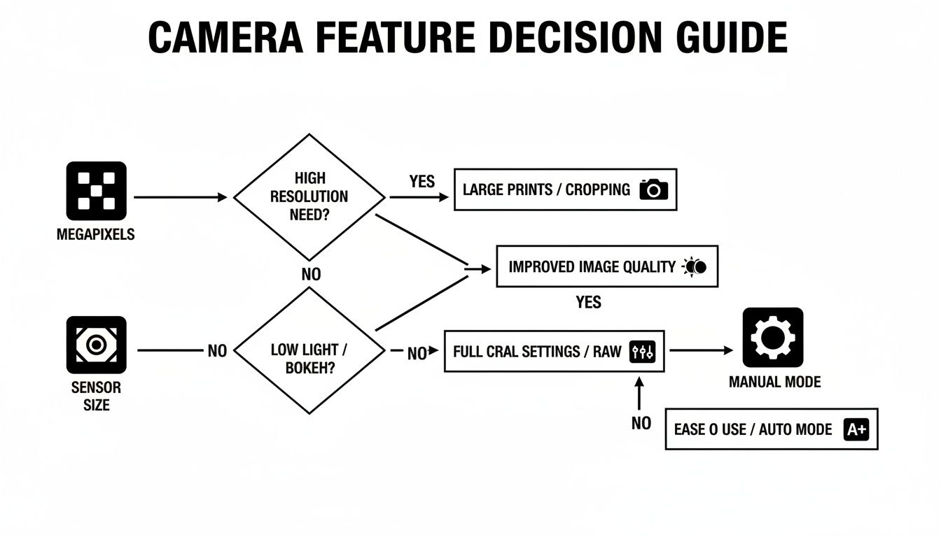 A flowchart decision guide for camera features, explaining choices based on resolution, sensor size, and mode preferences.