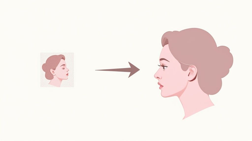 Illustration showing image enhancement process from low resolution pixelated photo to clear vector portrait