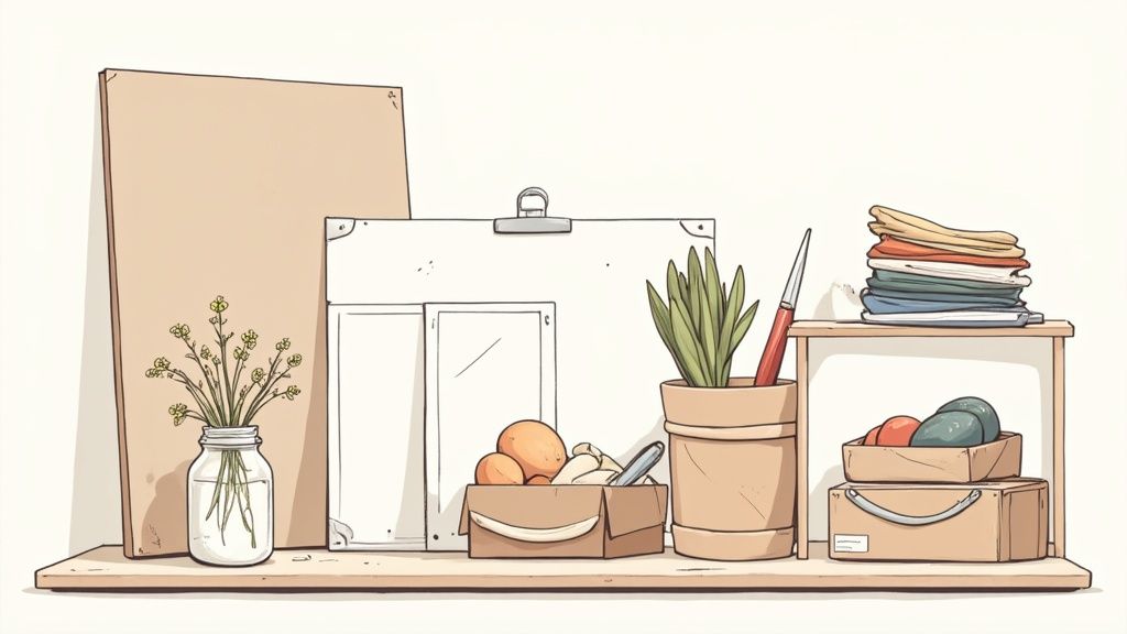 Organized shelf with art supplies, plants, frames, and craft materials for creative projects