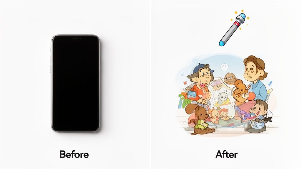 A before-and-after image displays a smartphone transforming into a vibrant cartoon scene with a flashlight.