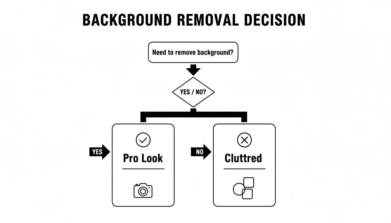 Flowchart illustrating background removal decision: 'yes' results in 'pro look', 'no' in 'cluttered'.