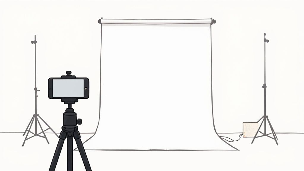 A minimalist studio setup for product photography featuring a smartphone on a tripod, a white backdrop, and two light stands.