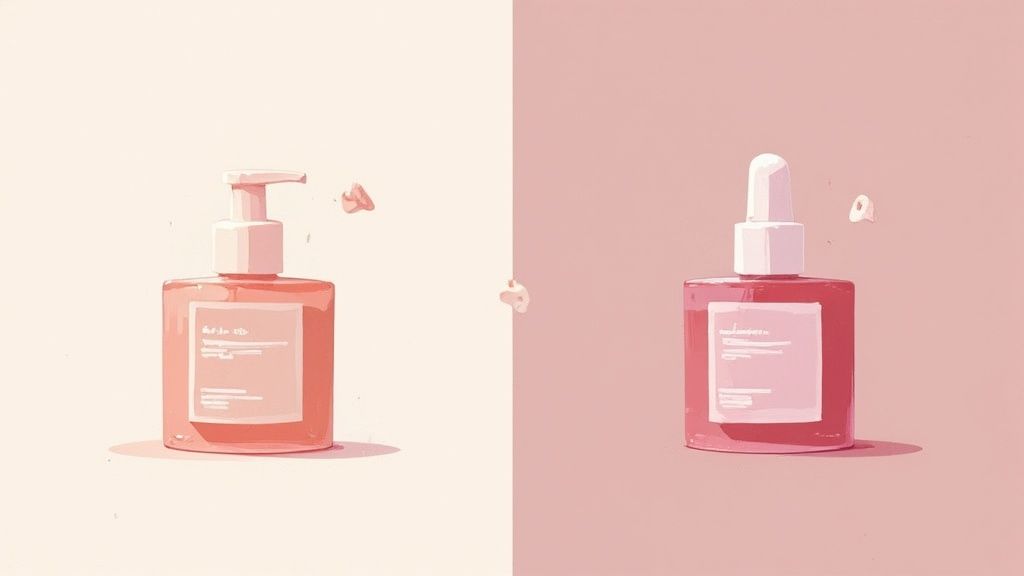 Side by side comparison of cosmetic bottles on contrasting beige and pink background colors