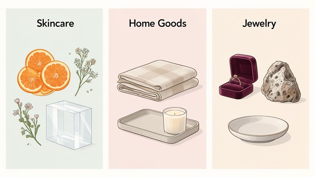 Illustration of skincare, home goods, and jewelry items including oranges, a blanket, and a ring.