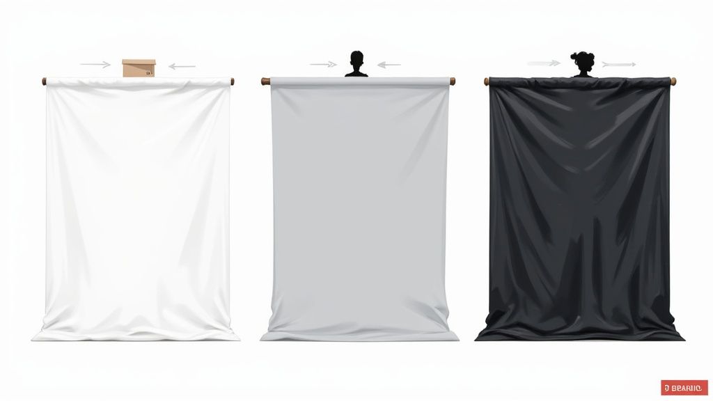 Three vertical fabric banners in white, gray, and black on wooden rods, with size references.
