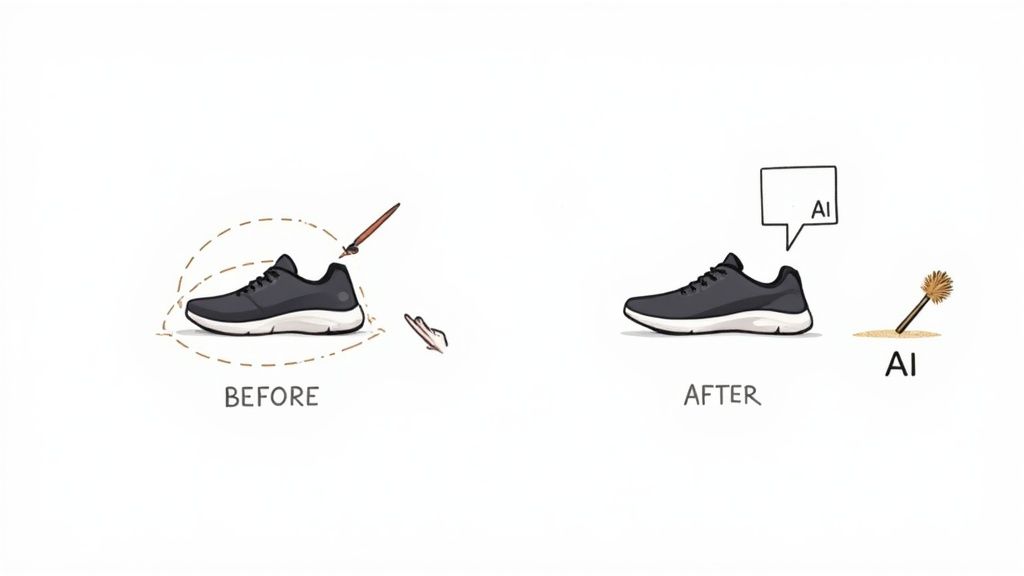 A split-screen image showing a product photo before and after background removal and blemish retouching.