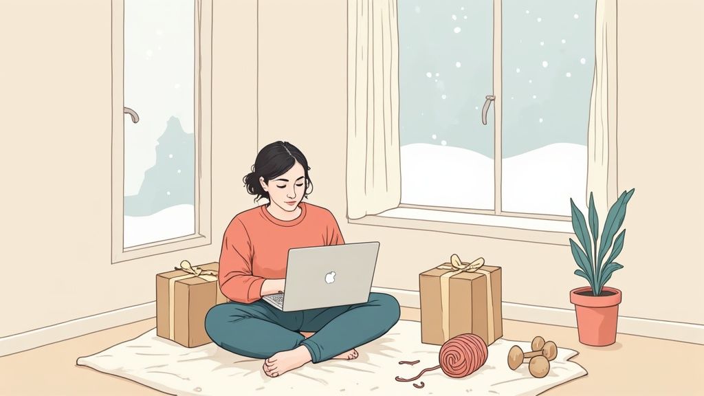 A woman works on a laptop by a snowy window, surrounded by gifts, yarn, and dumbbells.