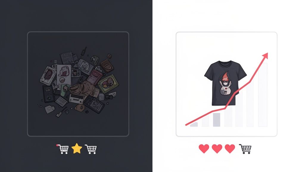 Two product display concepts in square frames: one showing various items, the other a t-shirt with a sales graph.