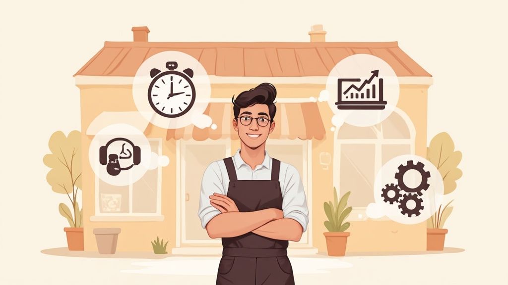 A small business owner using a tablet to manage operations, with AI-related icons overlaid