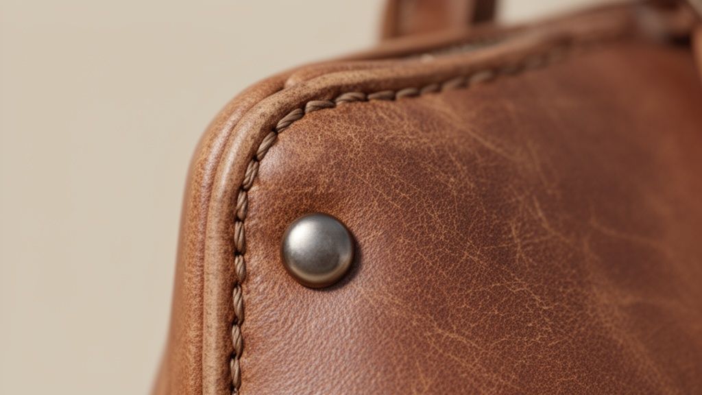 Close-up of a brown distressed leather bag with visible stitching and a prominent metal stud.