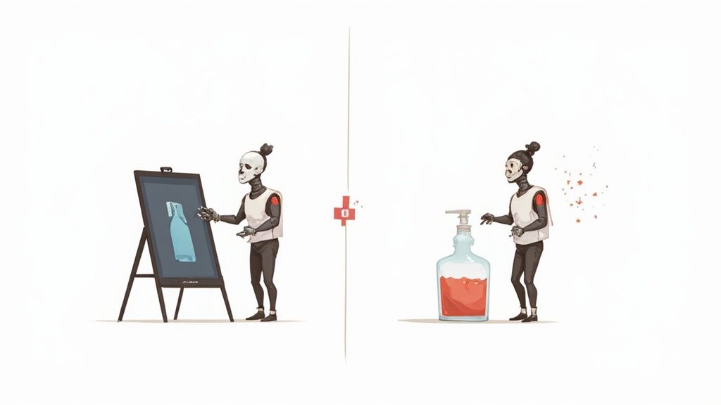 A robot-like figure transforms from a skull to a human-like face, symbolizing AI enhancement.