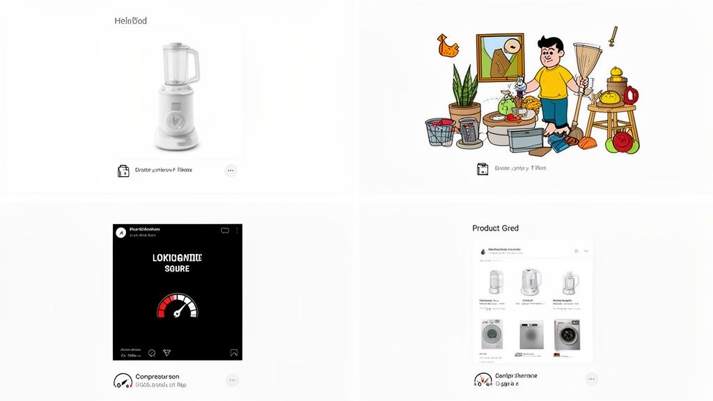 A collage of four web content cards featuring a blender, a cleaning cartoon, a gauge, and product listings.
