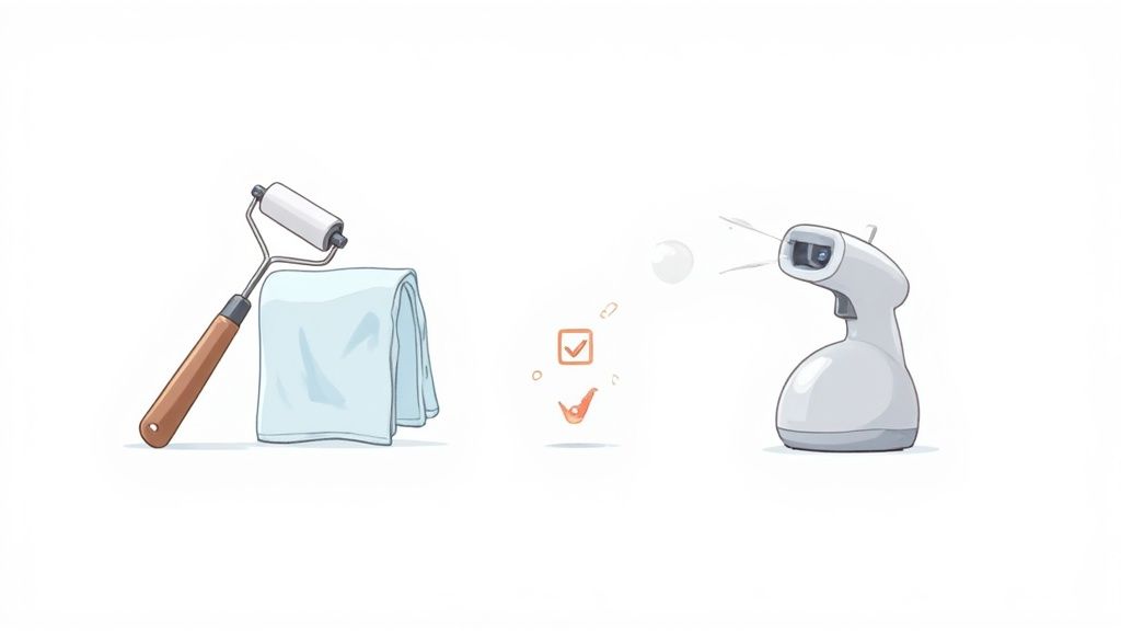 A lint roller, towel, and spray bottle on a white background, with checkmark icons.