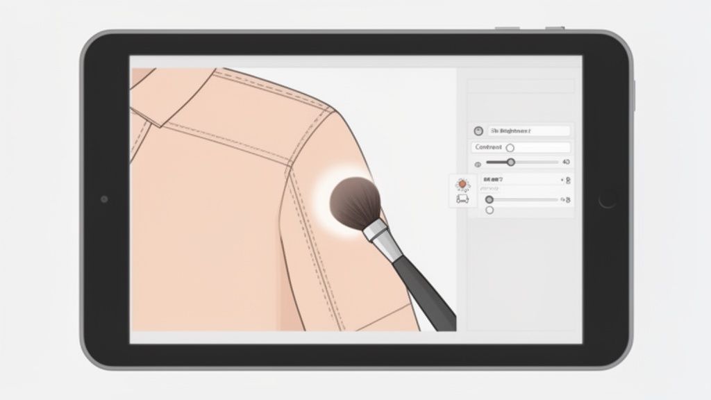A tablet displays a light pink garment design being digitally edited with a brush tool for brightness adjustment.