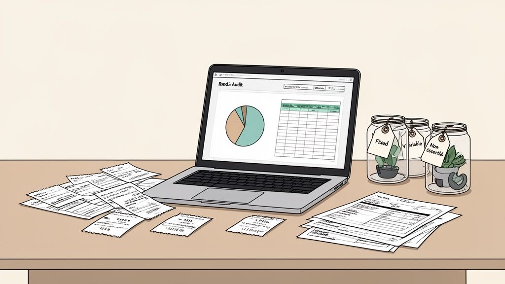 A laptop with a budget spreadsheet, receipts, and jars categorizing fixed, variable, and non-essential expenses.