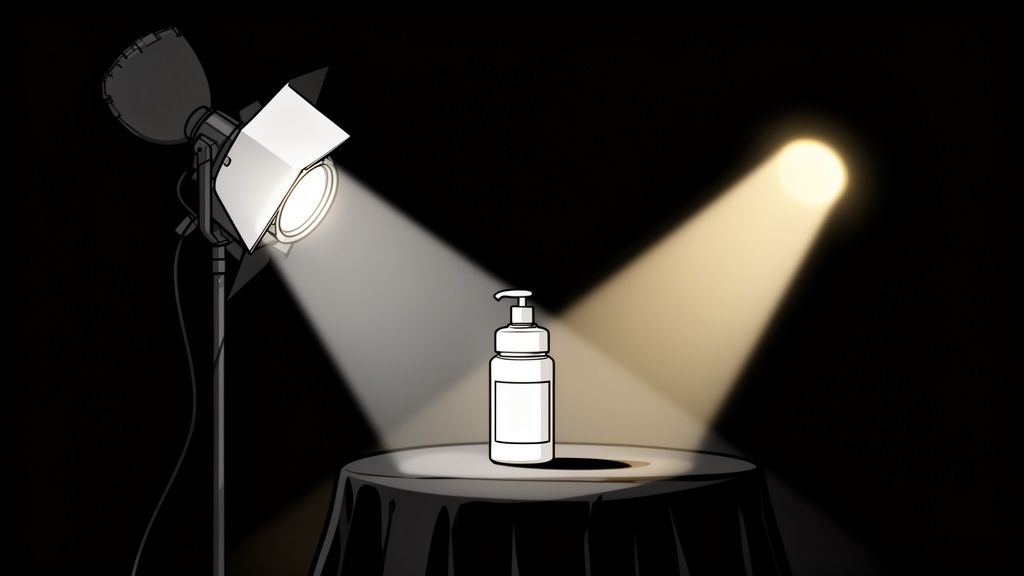 A white pump bottle with a dispenser, illuminated by two spotlights on a black draped table.