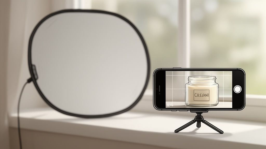 A smartphone on a tripod photographing a cream jar, set up with a reflector and natural window light.