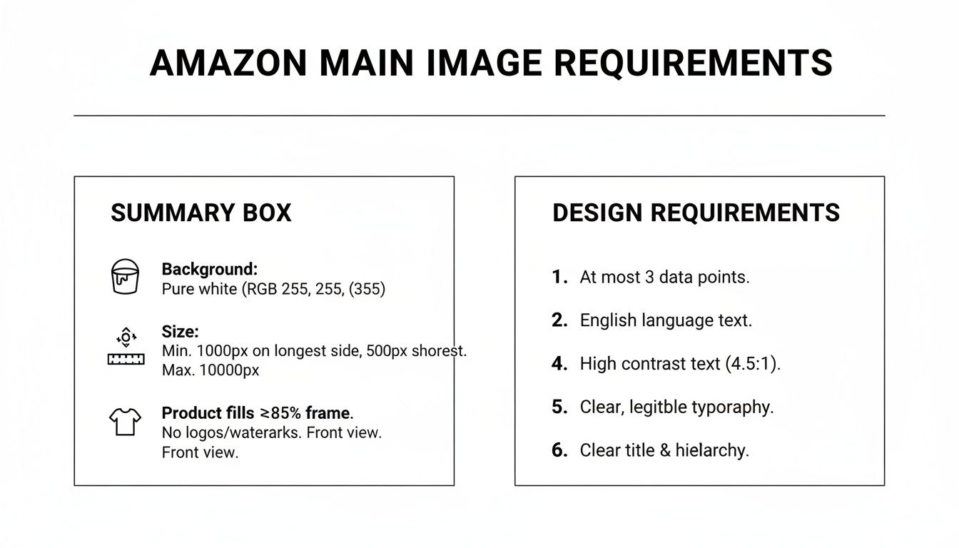 An overview of Amazon's main image requirements, covering summary box specifications and design guidelines.