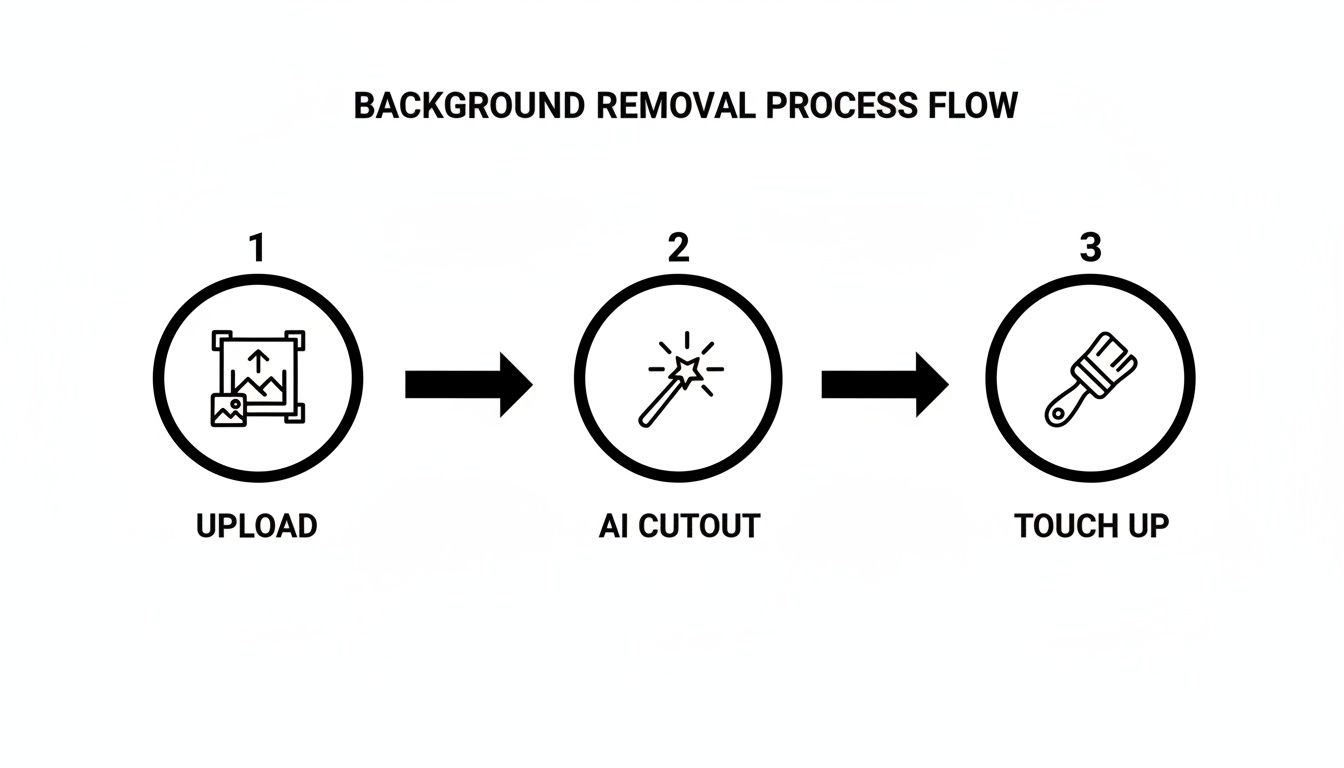 A three-step process flow diagram for background removal: Upload, AI Cutout, and Touch Up, with icons.