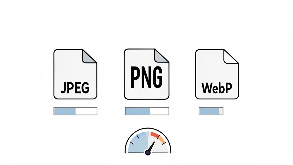 Comparison of JPEG, PNG, and WebP image formats showing their relative file sizes or loading speeds.