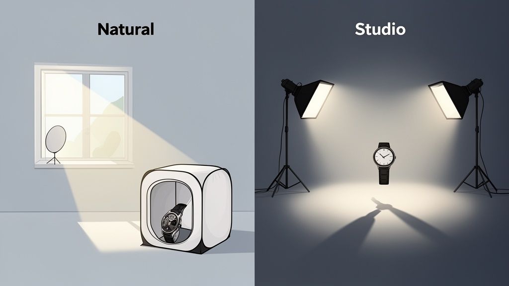 Comparison of product photography setups: natural window light with lightbox versus studio lighting with two softboxes.