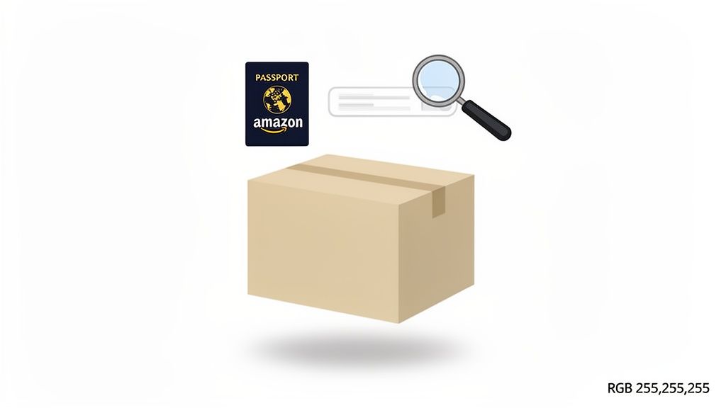An Amazon branded passport logo, a search bar with a magnifying glass, and a cardboard delivery box.