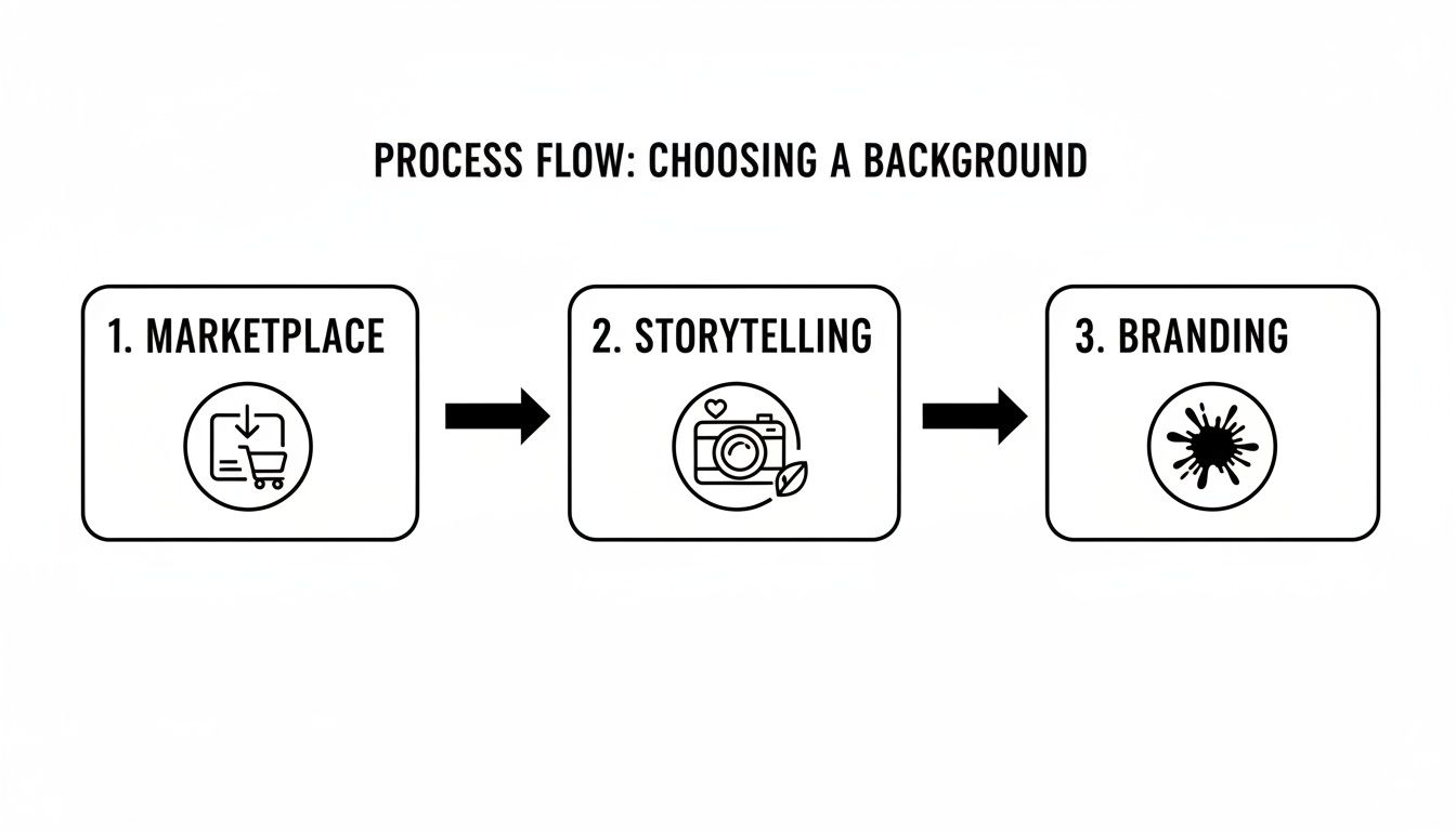 A process flow diagram showing three steps for choosing a background: marketplace, storytelling, and branding.