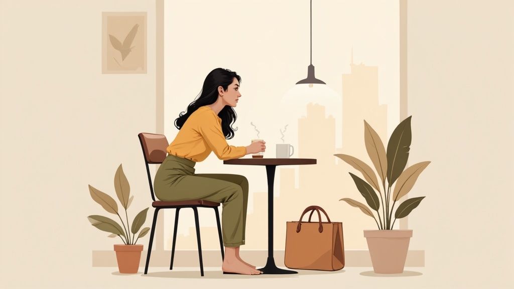 A stylish woman in a cafe with a warm drink, overlooking a city skyline.