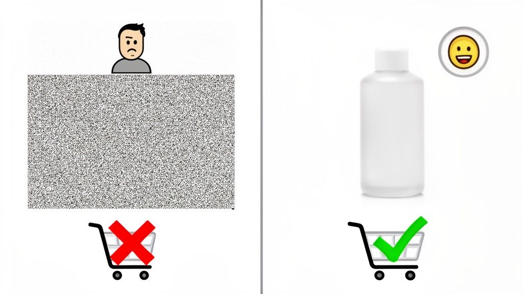 Picture noise reduction comparison: frustrating static vs. clear product, showing customer satisfaction.