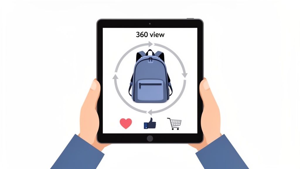 Hands hold a tablet displaying a blue backpack with a 360-degree view, like, and shopping cart icons.