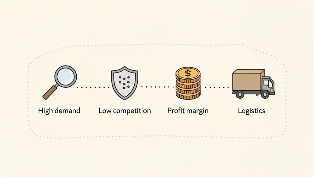 Illustration of key business factors: high demand, low competition, profit margin, and logistics icons.