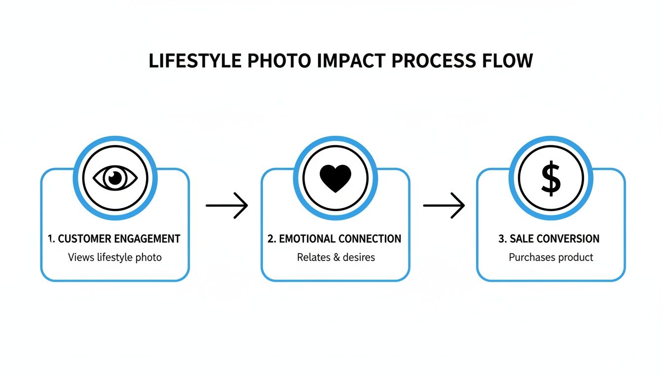 A flowchart illustrating the lifestyle photo impact process, from customer engagement to emotional connection and sale conversion.