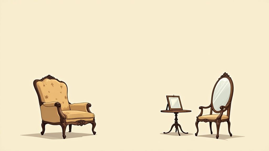 Ornate antique furniture: a yellow armchair, a side table with a frame, and a chair-mirror on a cream background.