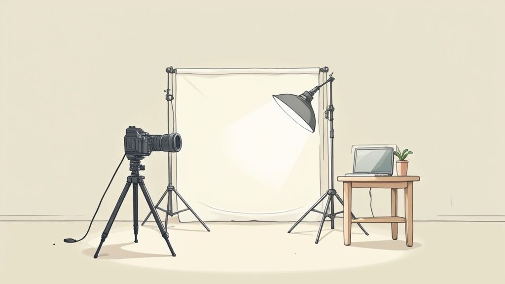 A professional photography studio setup with backdrops and lighting equipment.