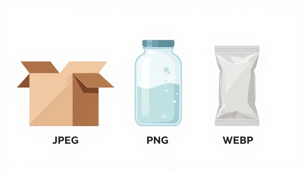 A visual comparison of JPEG, PNG, and WebP file formats showing their respective strengths