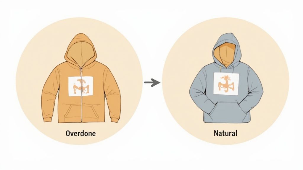 Illustration comparing an 'Overdone' orange zippered hoodie with a 'Natural' blue-grey pullover hoodie.